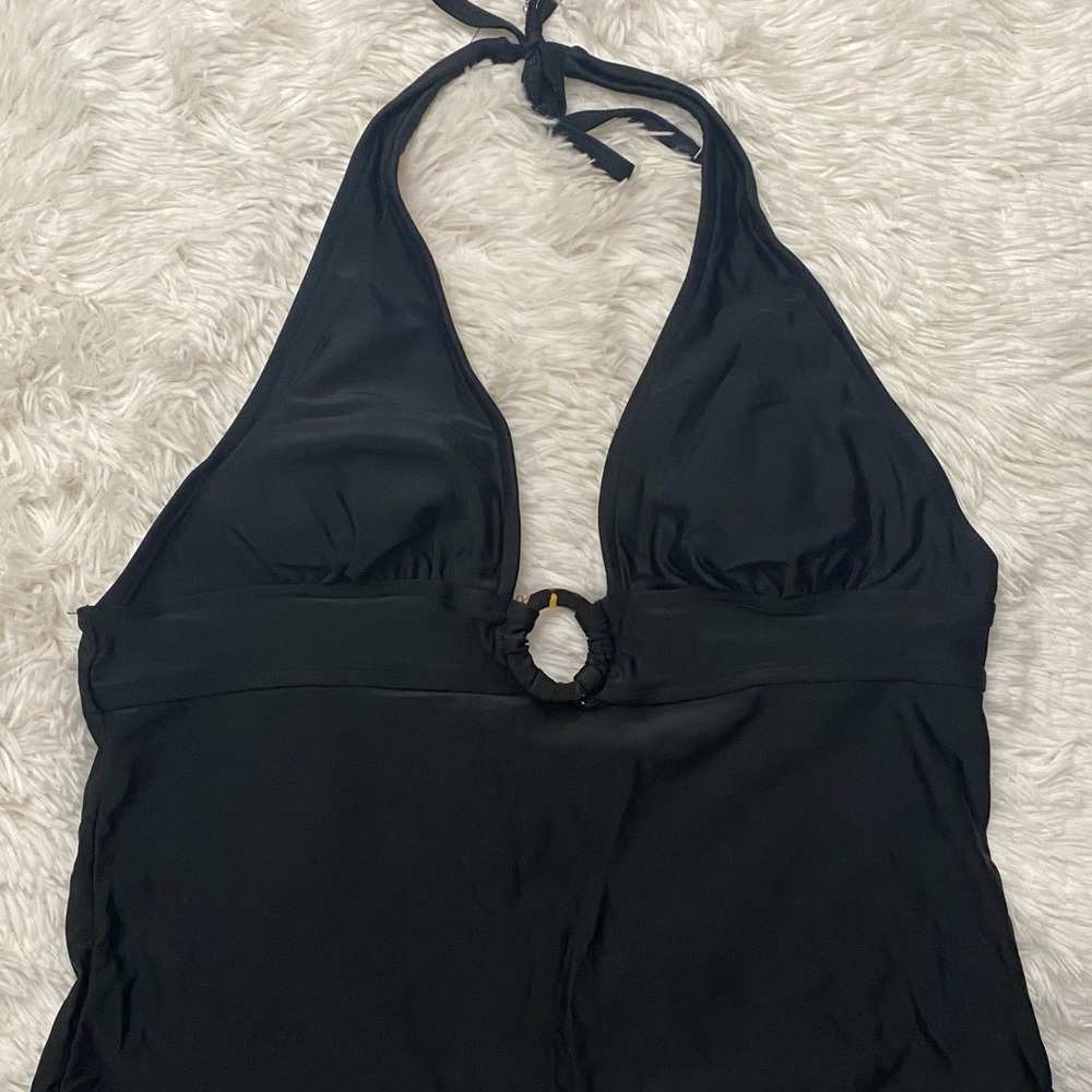 Classic Black Halter One Piece Swimsuit with Silver Accent